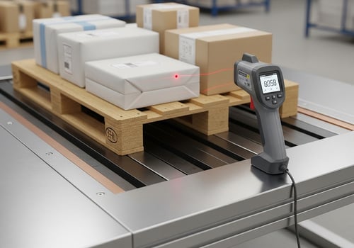 Infrared Thermometer Measuring Package Temperature on Conveyor Belt photo