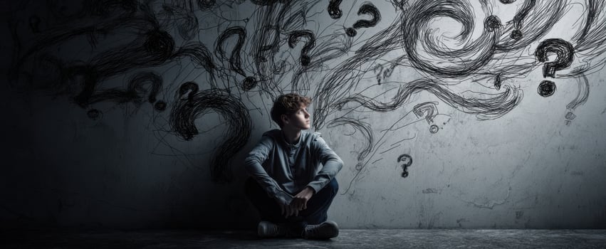 The boy sitting in contemplation surrounded by swirling question marks on the wall. photo