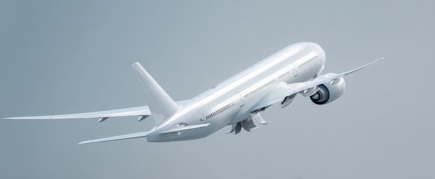 The airplane ascending gracefully into the clear sky against a minimalist backdrop. photo