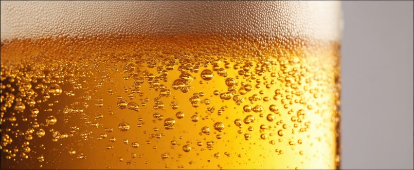 The close-up of a refreshing glass of golden beer with bubbles. photo
