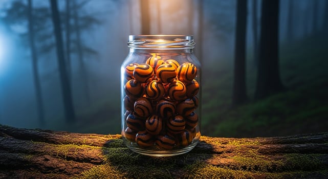 Marbles in a Jar, Misty Forest Scene photo