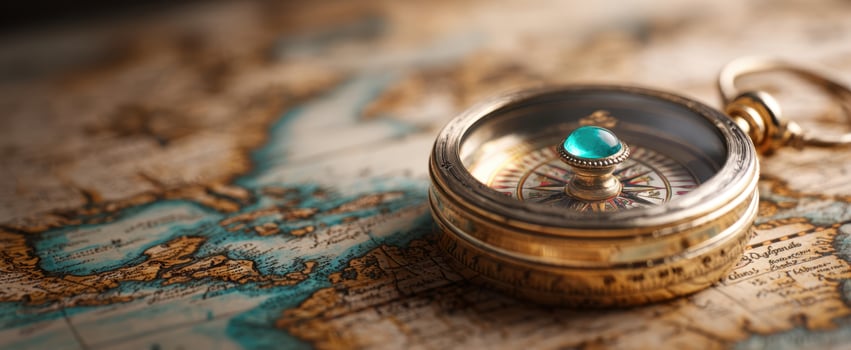 The vintage compass resting on an old world map, symbolizing exploration and adventure. photo