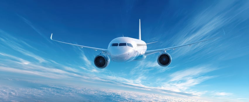 The sleek airplane soaring through a vibrant blue sky adorned with fluffy clouds. photo