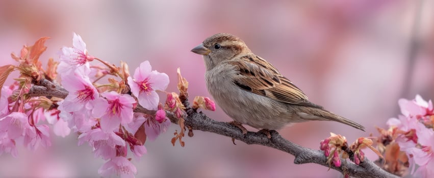 The sparrow perched on a beautifully blooming cherry blossom branch. photo