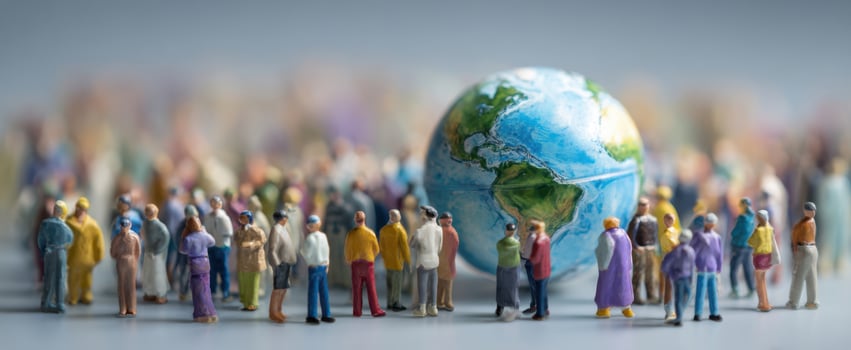 The colorful miniature figures surrounding a globe representing global unity and diversity. photo