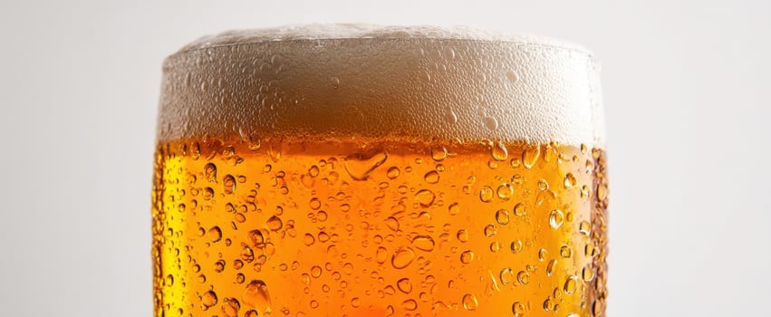 The refreshing glass of golden beer with frothy foam and bubbles photo