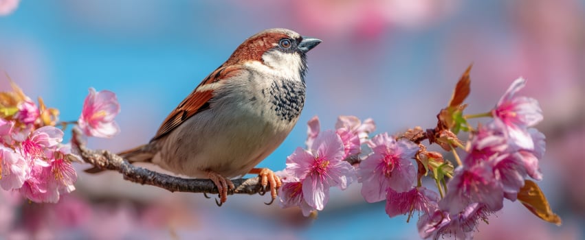 The Sparrow Perched Among Vibrant Cherry Blossoms in Springtime Serenity photo