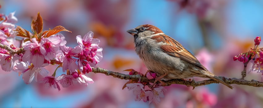 The Sparrow Perched Among Beautiful Pink Blossom Flowers in Springtime photo