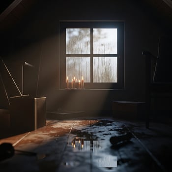 Moody Attic Interior with Rain Streaked Window and Candlelight Reflections photo