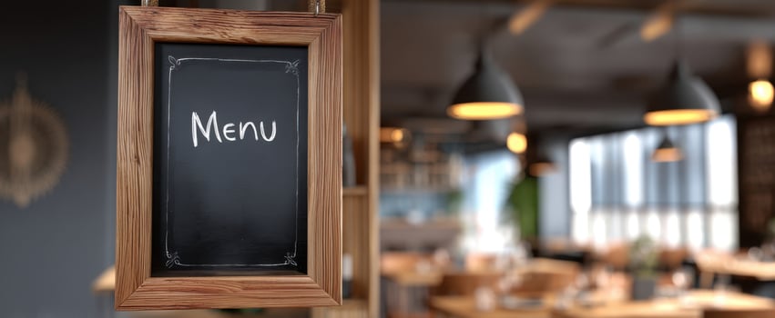The menu displayed on a stylish chalkboard in a modern restaurant setting. photo