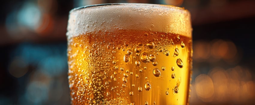 The golden beer glass filled with refreshing bubbles and foam. photo