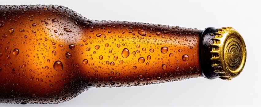 The refreshing amber beer bottle glistening with droplets in studio light. photo