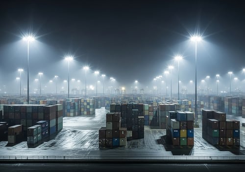 A large warehouse with many containers and lights photo