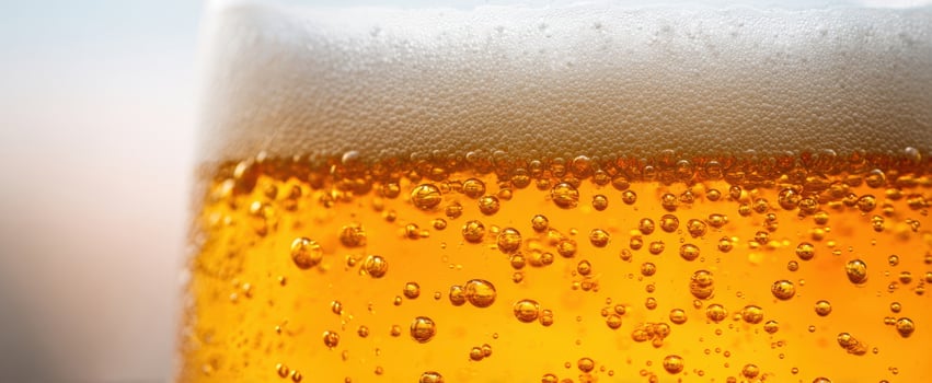 The Amber Beer with Bubbles and Foam in a Glass Close-Up photo