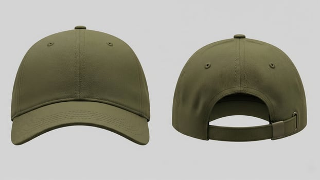 Versatile Olive Green Baseball Cap Mockup, Front and Back Isolated Views photo