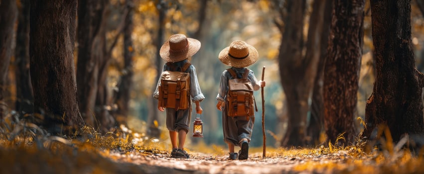 The charming children explore the forest on a sunny autumn day. photo
