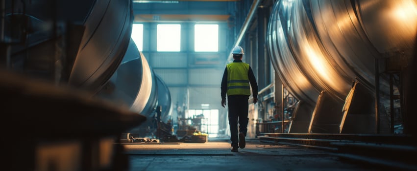 The industrial worker walking through a large manufacturing facility with steel tanks. photo