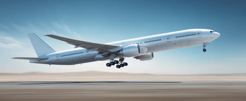 The airplane taking off into a clear blue sky over a serene landscape. photo