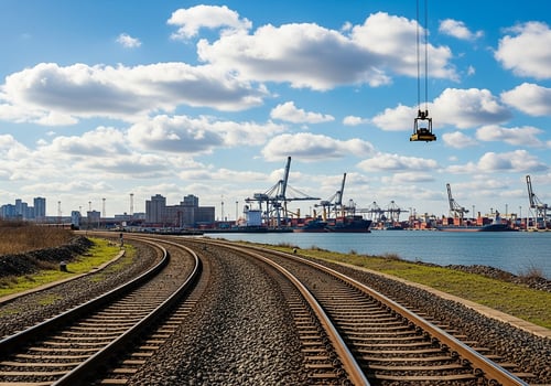 Railway Tracks Leading to Busy Container Port photo