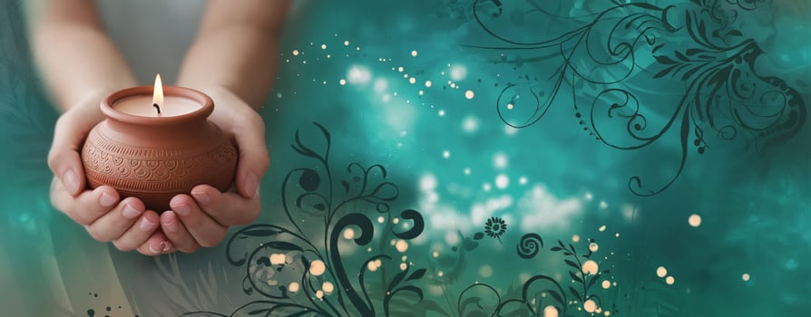 A pair of hands holding a clay candle holder with a lit candle against a whimsical teal background. photo