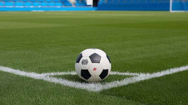A black and white soccer ball resting on the corner of a freshly mowed green field. photo