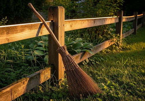 Rustic Broom Leaning on Wooden Fence at Sunset photo