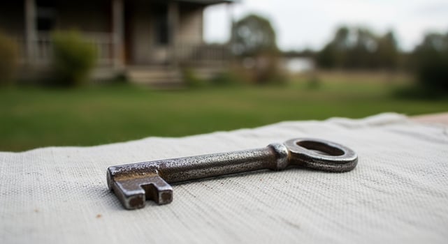 A key on a table in front of a house photo