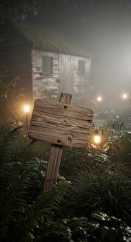 Rustic Wooden Signpost in Foggy Night Garden near Old Shed photo