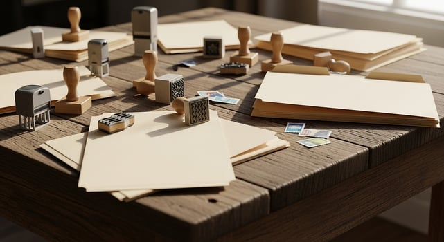 A table with a variety of paper and stamps photo