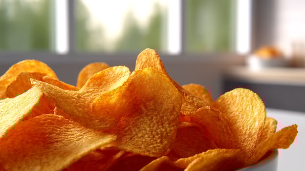 Golden Potato Chips Heap Close up Displayed Indoors with Natural Sunlight photo