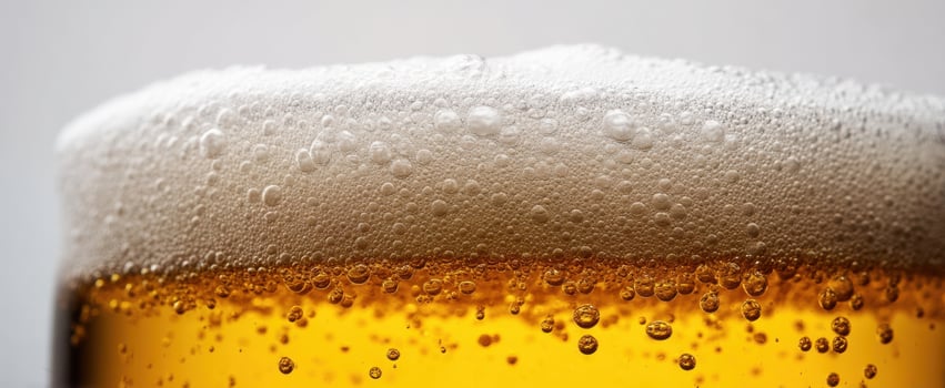 The close-up view of a frothy beer with bubbles and amber liquid. photo