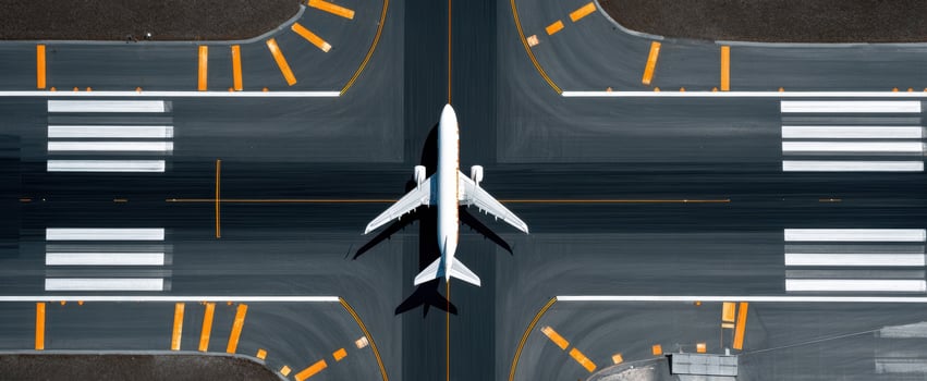 The airplane on a busy airport runway captured from above. photo