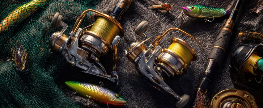 The fishing reels and lures beautifully arranged for an outdoor adventure. photo