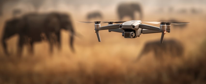 The drone capturing elephants in a serene wildlife landscape environment. photo