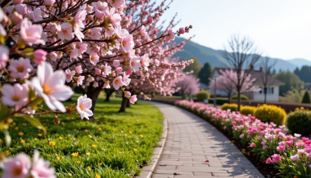 a curved walkway lies silent, blossoms lining its edges in soft harmony of shape and hue. photo