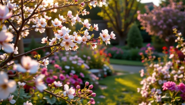 the garden holds its breath as blossoms sway, guarding the silent path under golden light. photo