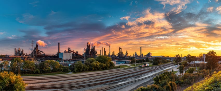 The panoramic view of an industrial landscape at sunset with vibrant colors. photo