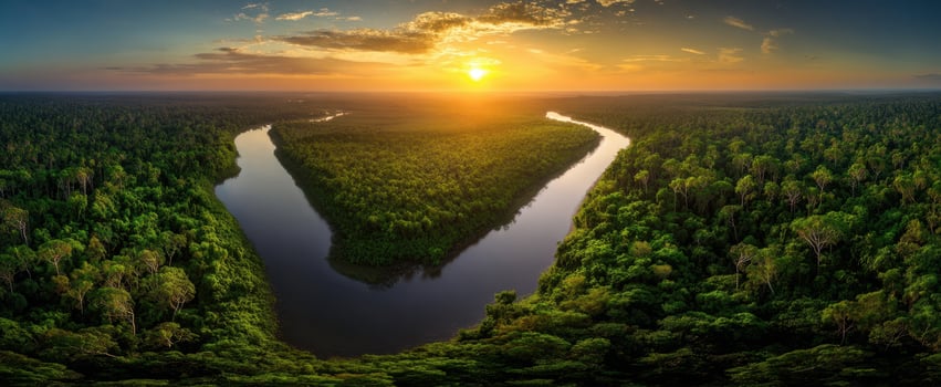 The breathtaking vista of a winding river at sunset in a lush jungle. photo