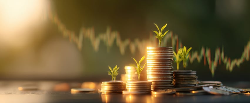 The investment growth represented by coins and green sprouts symbolizing prosperity. photo