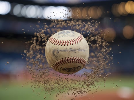 A baseball suspended mid-air with dirt particles swirling around it, capturing the essence of action and excitement. photo
