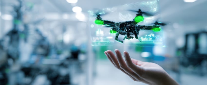 The futuristic drone hovering above a hand with advanced holographic display. photo