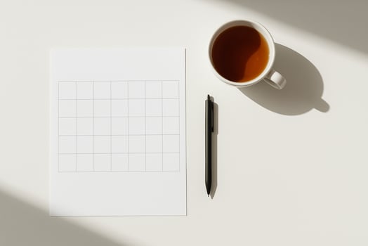 Planner grid sheet, pen and cup on white, hard light minimal workspace flat lay photo