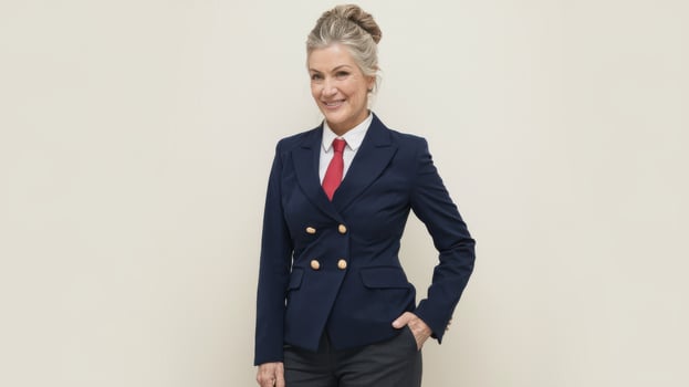 Professional woman in business attire, smiling against a neutral background. photo
