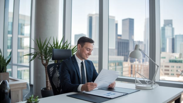 Businessman reading documents in a modern office with city view. photo