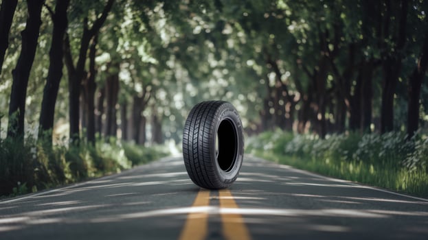 A tire on a deserted road surrounded by lush trees and greenery. photo