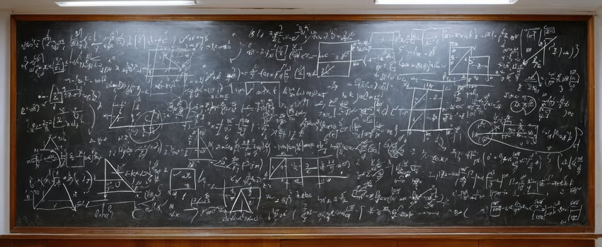 The intricate blackboard filled with mathematical equations and geometric diagrams. photo