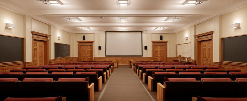 The spacious auditorium featuring comfortable seating and a large projection screen. photo