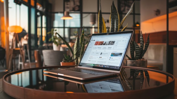 Laptop on a stylish table in a cozy cafe with lush plants around. photo