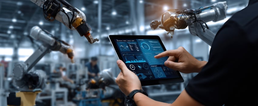 The tablet displaying analytics in an advanced robotic manufacturing facility. photo