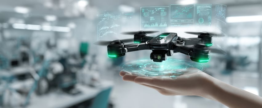 The futuristic drone hovering above a hand with holographic data displays. photo